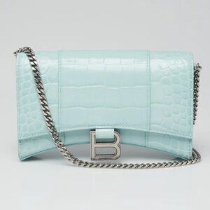 NWT Balenciaga Wallet On Chain Green Acqua Shiny Croc Embossed Leather